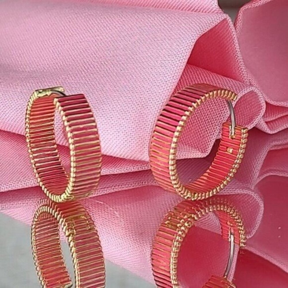 Gorjana Hoop Earrings Catalina Enamel18k Gold Plated Pink Striped - Picture 5 of 15